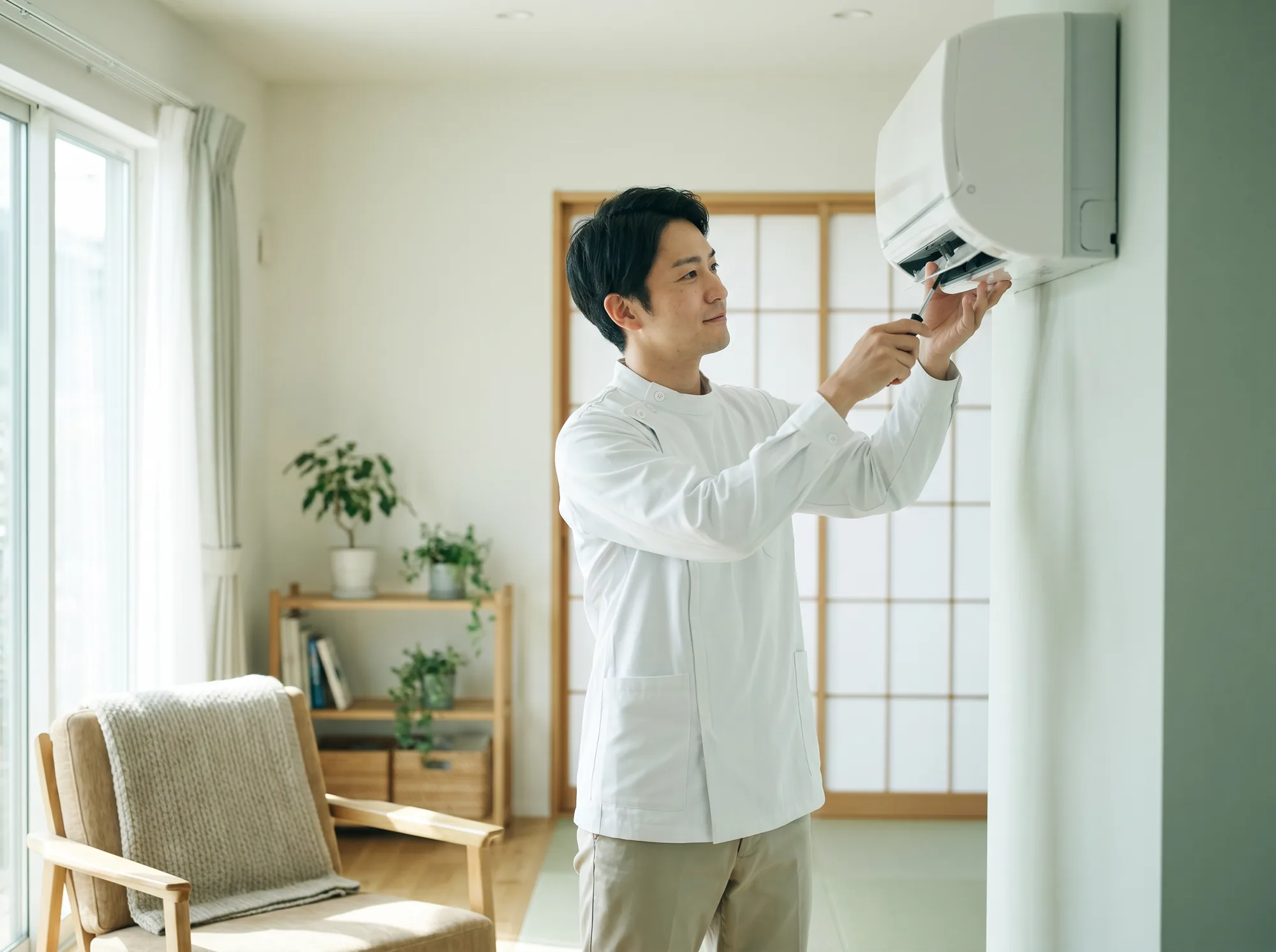 住まいの工事本舗の工事スタッフが、明るい部屋で丁寧にエアコンを取付している様子